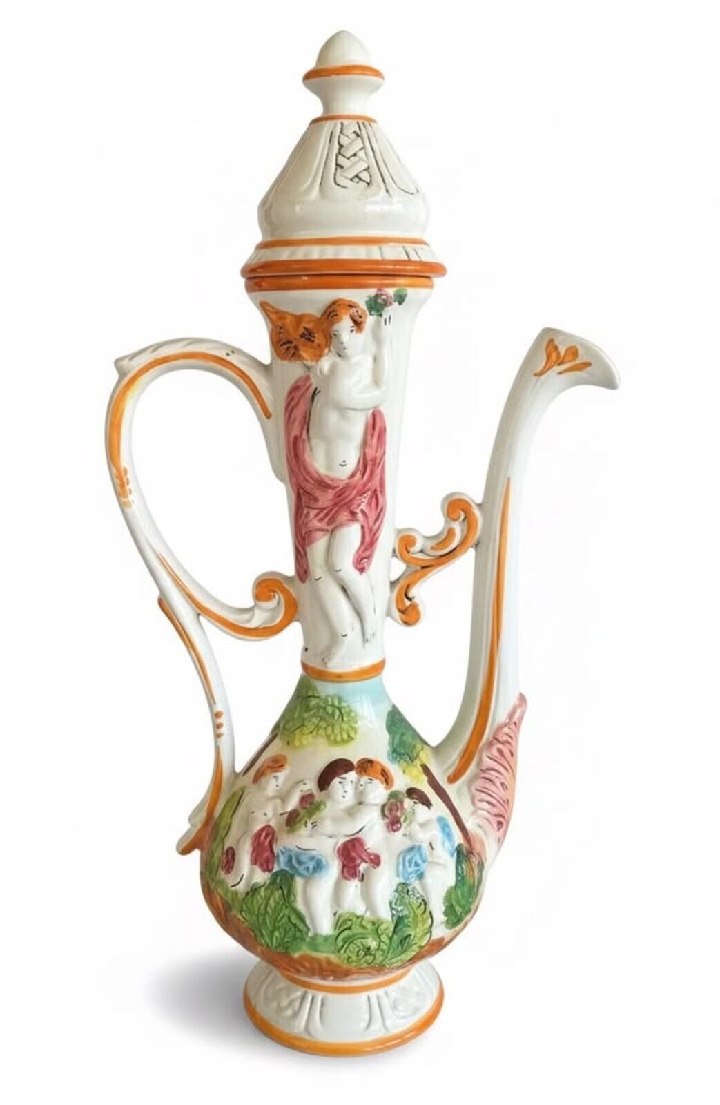 19" Vintage Capodimonte Italian Porcelain Ewer with Hand-Painted Cherubs Figures