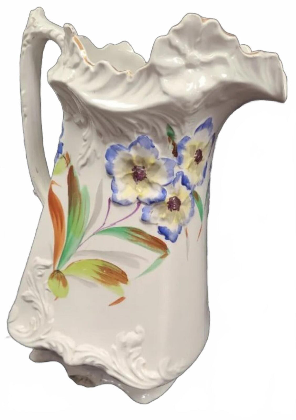 Vintage Ceramic Pitcher with Hand-Painted Floral Design and Scalloped Rim