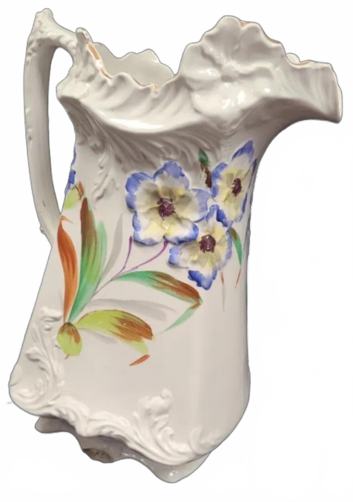 Vintage Ceramic Pitcher with Hand-Painted Floral Design and Scalloped Rim