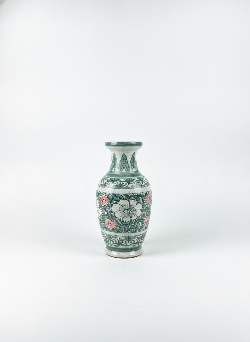 Vintage Green and Pink Floral Ceramic Vase