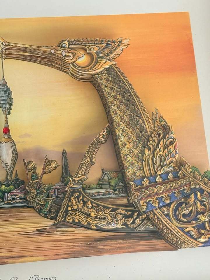 Vintage Thai Royal Barges 3D Art Print Framed Illustration with Cultural Text