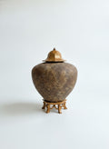 Rustic Asian-Inspired Bronze and Wood Lidded Jar with Stand