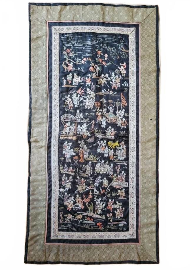 13 x 26" Antique Chinese Embroidered Silk Panel Depicting "100 Children" Motif