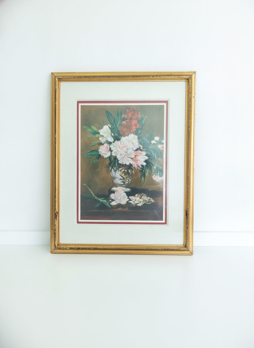 Vintage Floral Still Life Print in Gold Frame with Matting