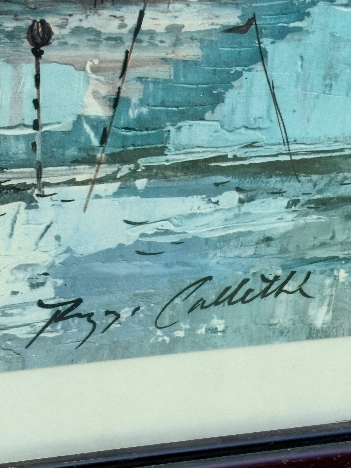16 x 20” Signed Mid-Century Modern Cityscape Painting with Vintage Frame