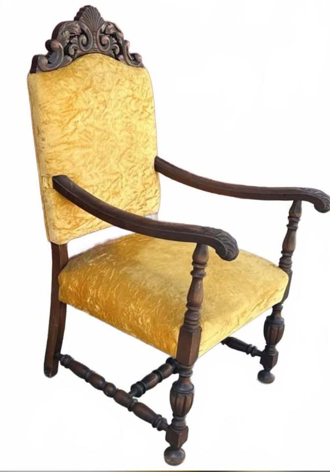 Vintage Upholstered Armchair with Carved Wood Frame and Yellow Velvet Fabric