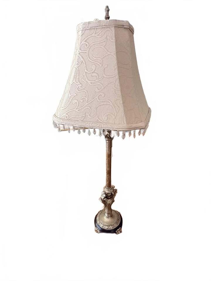 Hollywood Regency Style Vintage Table Lamp with Ornate Base and Fabric Shade