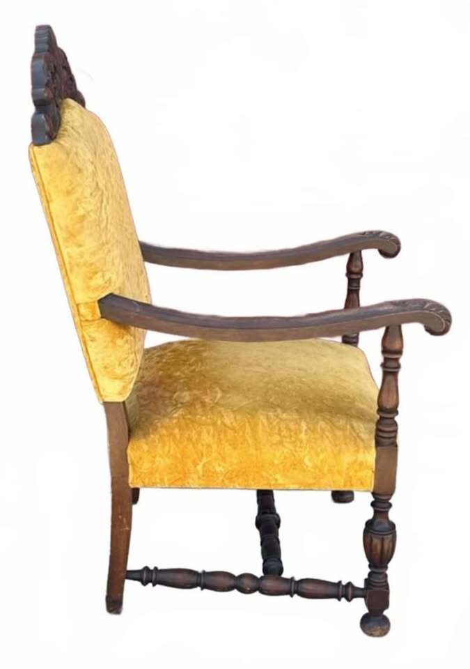 Vintage Upholstered Armchair with Carved Wood Frame and Yellow Velvet Fabric