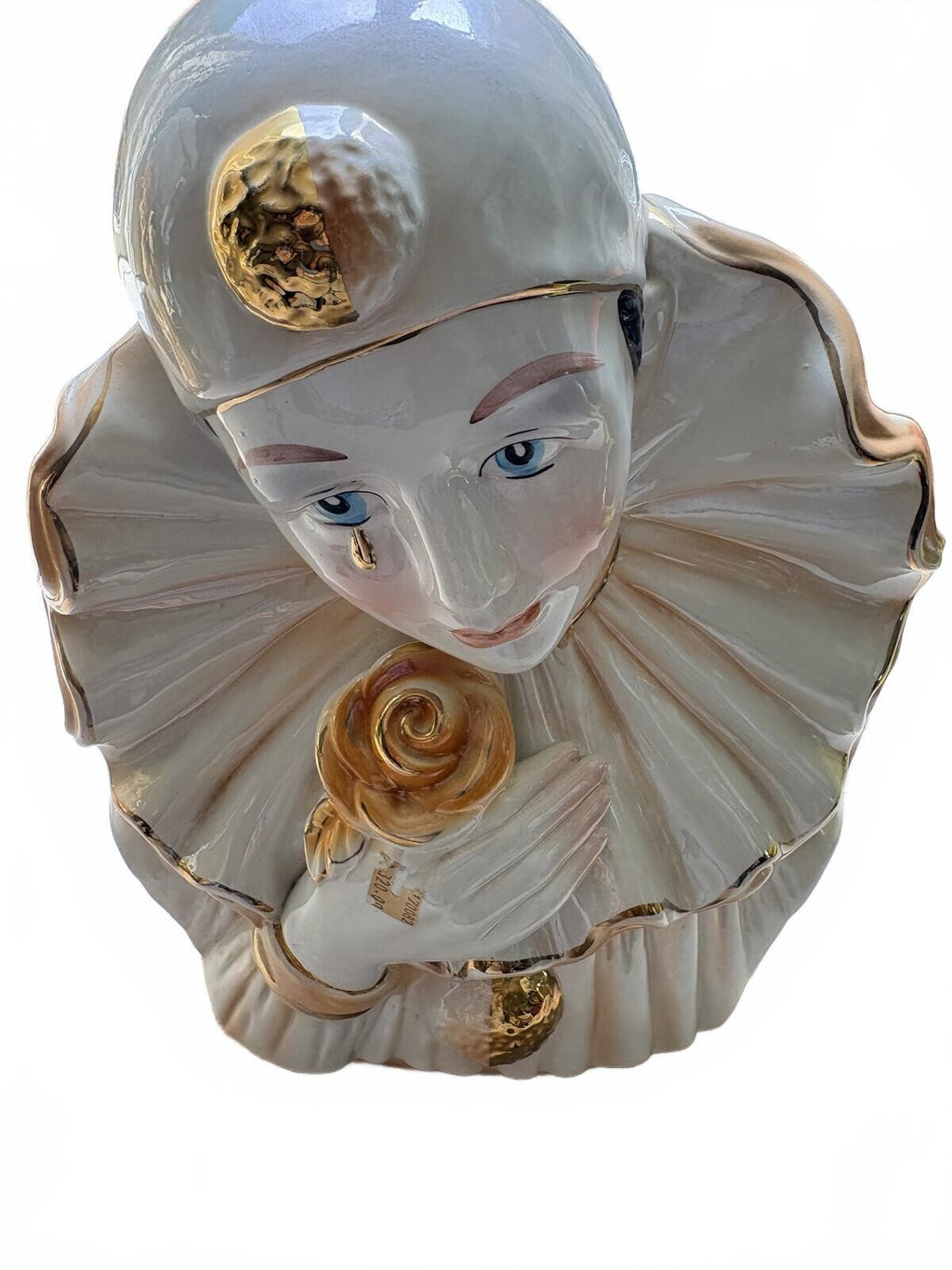Authenticated 12in Vintage Capodimonte Porcelain Pierrot Bust with Gold Accents
