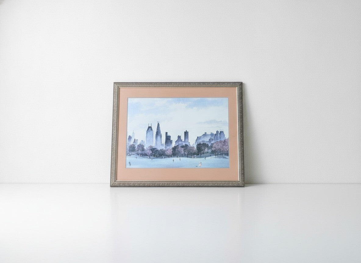 Framed Vintage New York Central Park Watercolor Print with Ornate Silver Frame