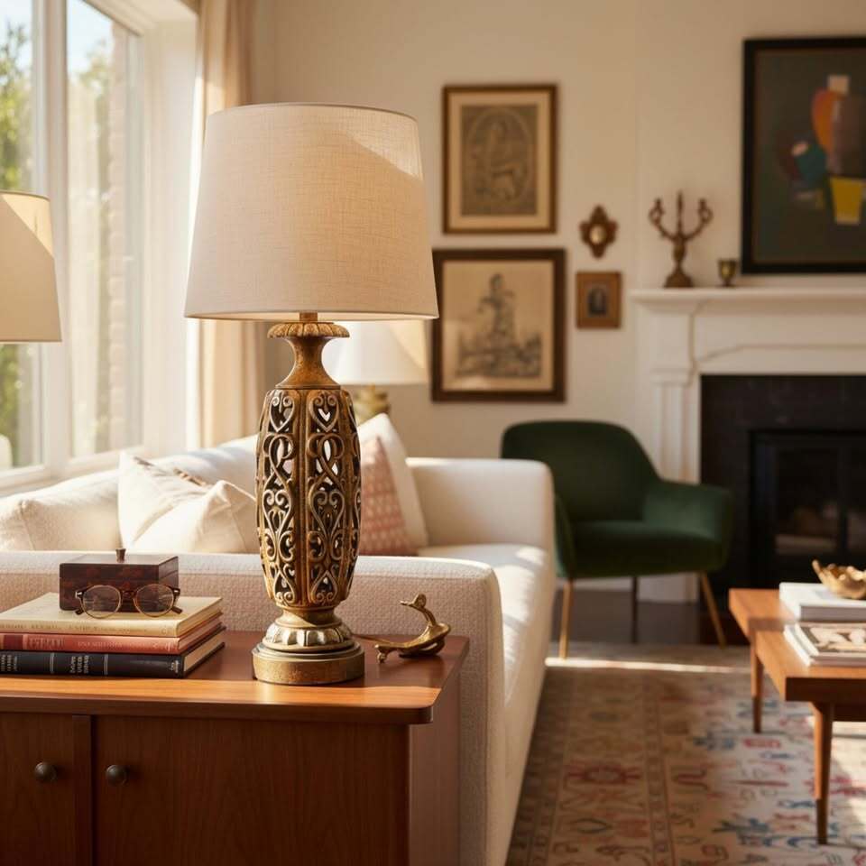Vintage Ceramic Table Lamp with Intricate Carved Design and Gold Finish