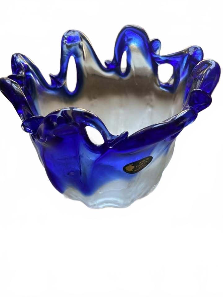 Vintage Cobalt Blue Hand Blown Murano Glass Sculptural Bowl Made in Italy
