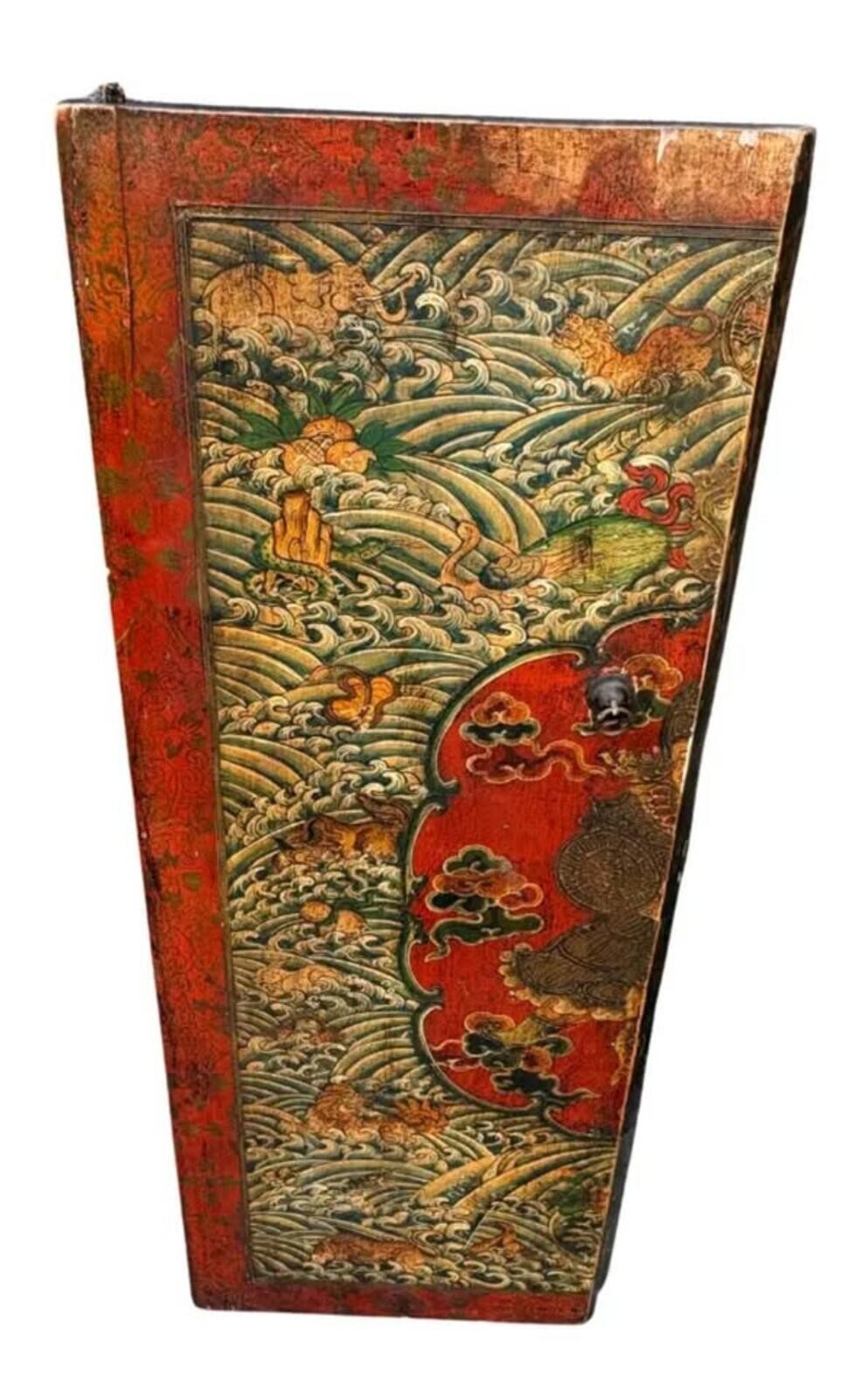 Vintage Hand-Painted Asian Wood Cabinet with Warrior Motif and Red Accents