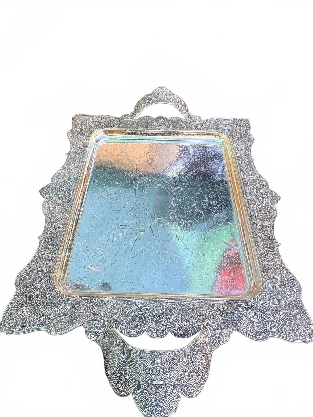 Ornate Silver Plate Footed Serving Tray, Pierced Scalloped Border