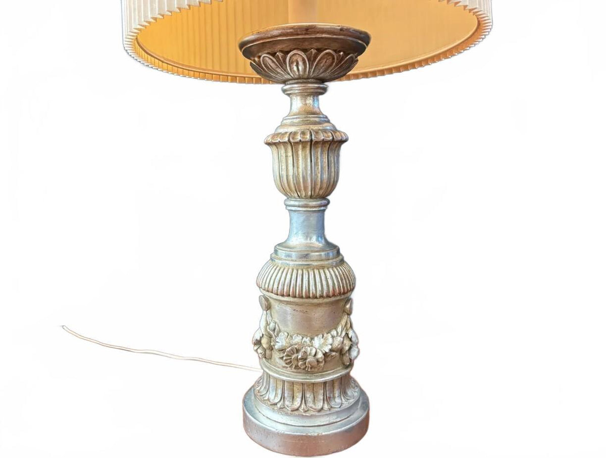 Chapman Mfg Co Vintage Table Lamp with Decorative Silver Base and Beige Pleated-