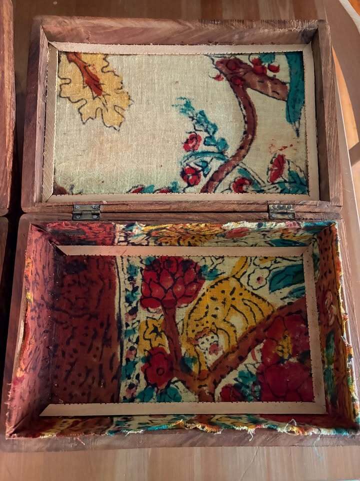 Hand Carved Wooden Decorative Boxes with Floral Inlay and Fabric Lining
