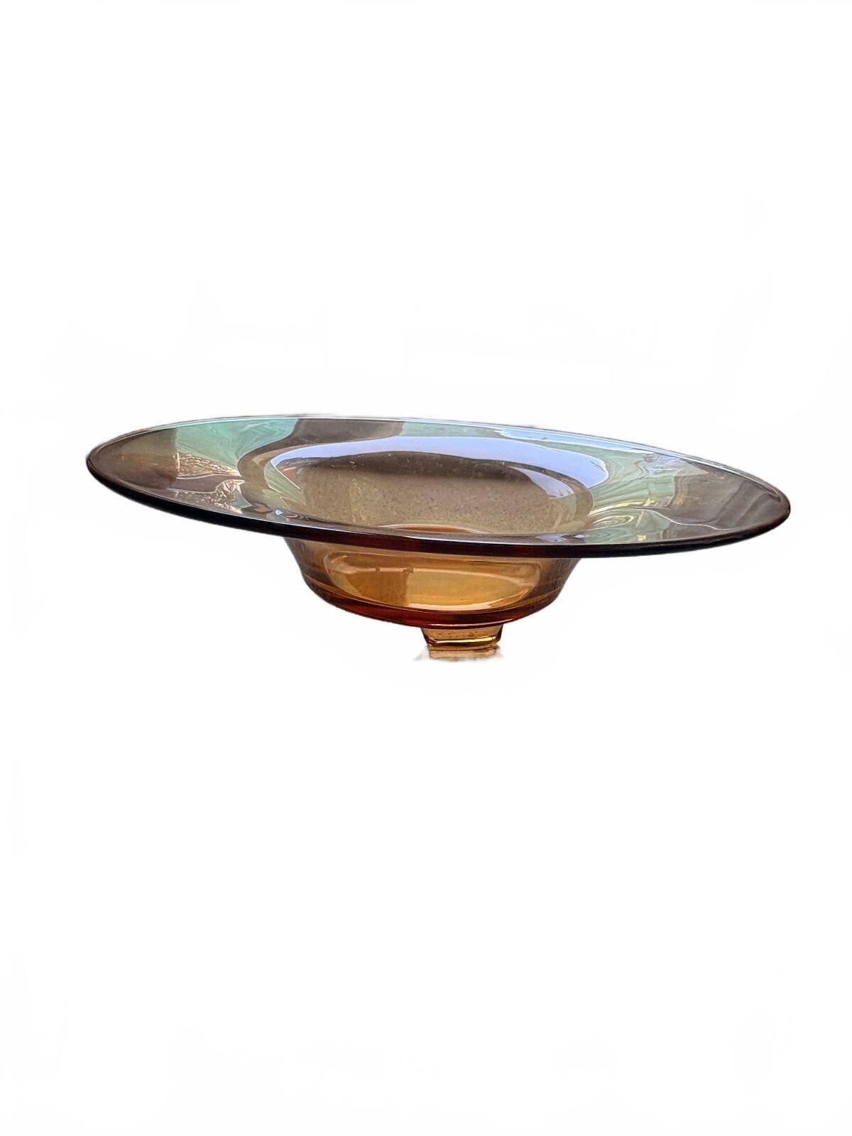 Vintage Amber Glass Pedestal Bowl - Mid-Century Modern Style