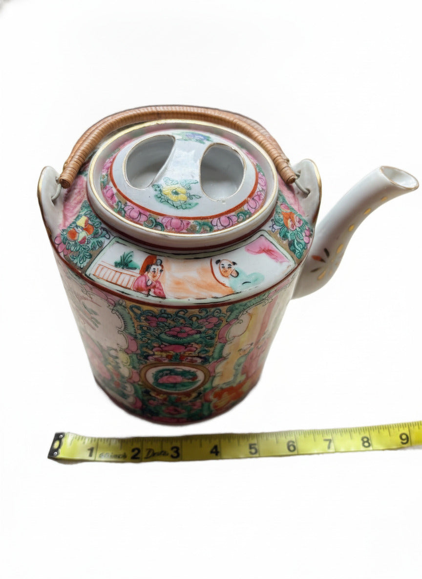 Vintage Chinese Porcelain Teapot with Hand-Painted Floral and Figure Motifs