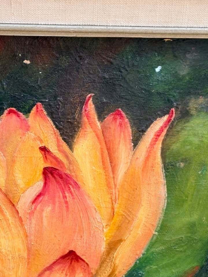 Vintage 11x14 Water Lily Floral Painting Framed Botanical Art