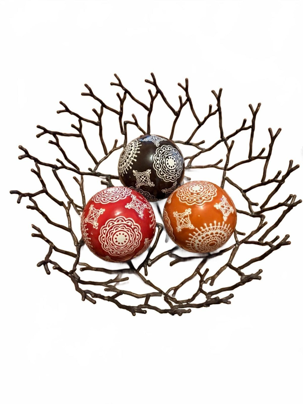 12" Decorative Metal Twig Bowl with Three Hand-Painted Ceramic Spheres