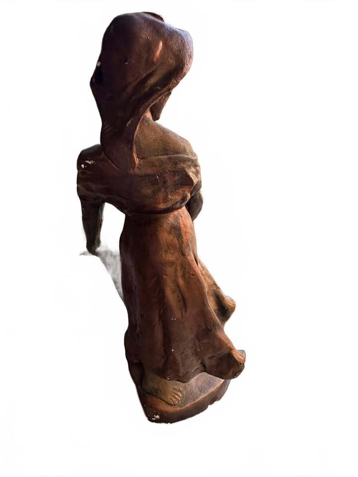 23" Vintage Mid Century Terracotta Sculpture Statue of Woman with Basket