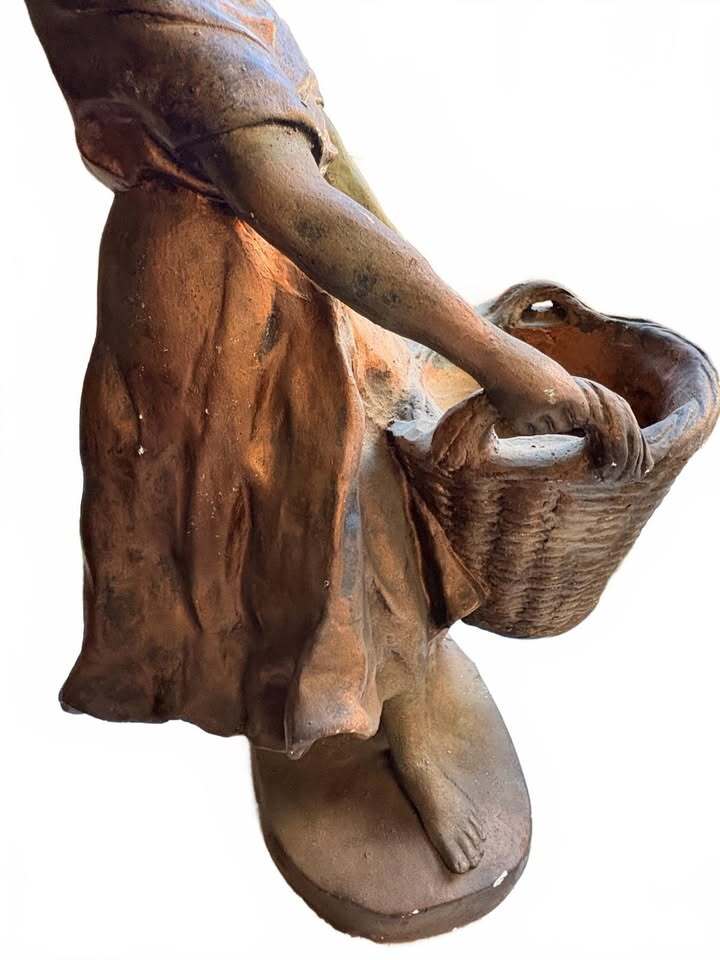 23" Vintage Mid Century Terracotta Sculpture Statue of Woman with Basket