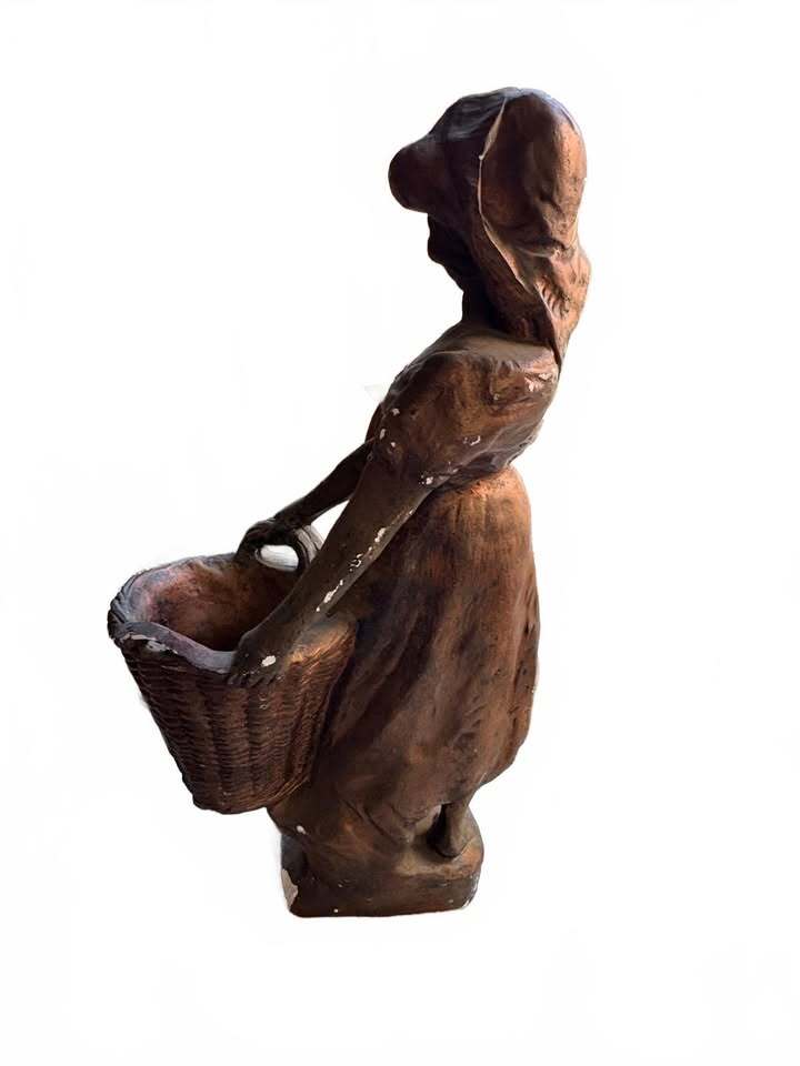 23" Vintage Mid Century Terracotta Sculpture Statue of Woman with Basket