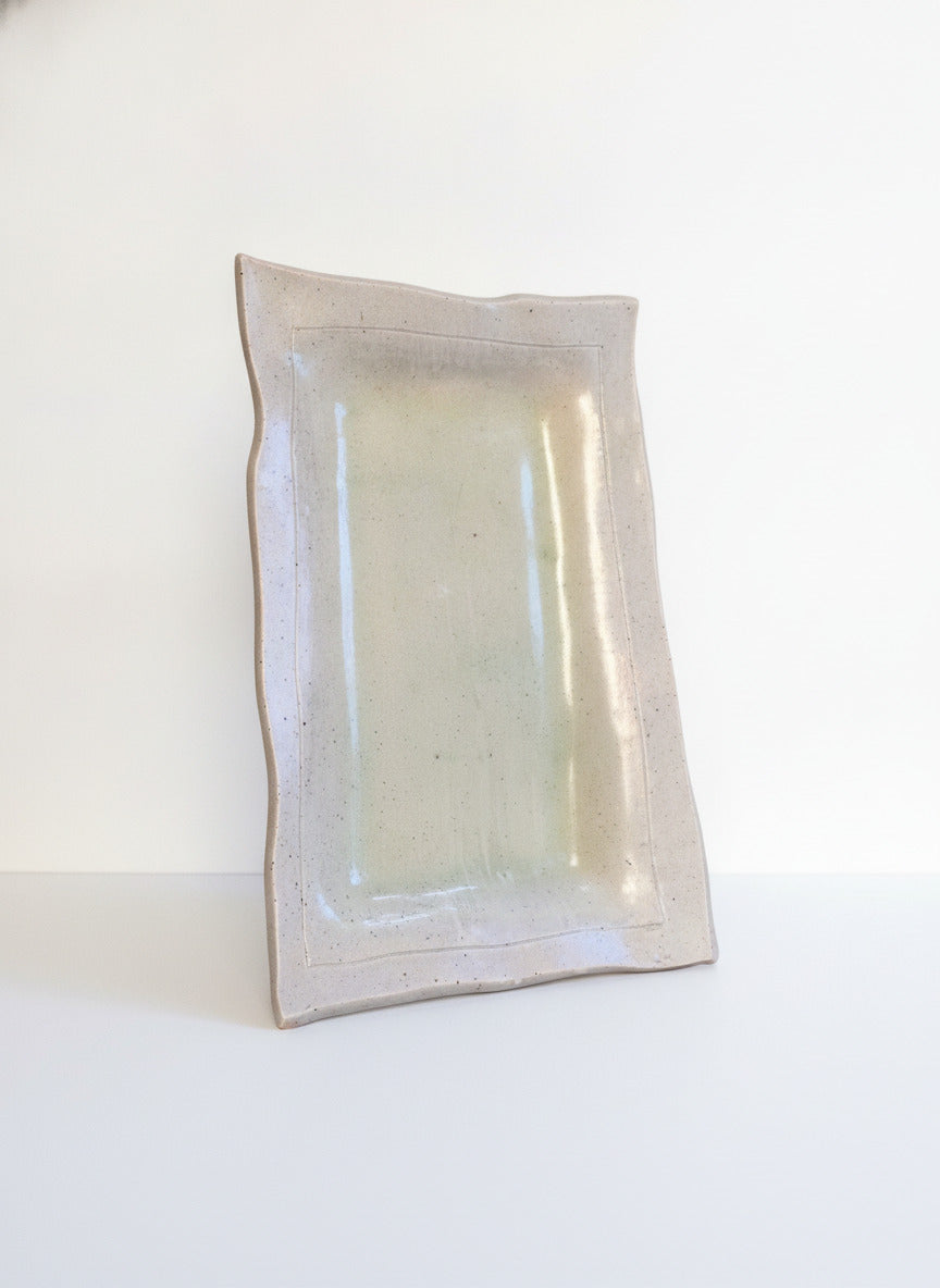 Signed Handcrafted Ceramic Rectangular Serving Platter with Wavy Edges