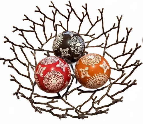 12" Decorative Metal Twig Bowl with Three Hand-Painted Ceramic Spheres