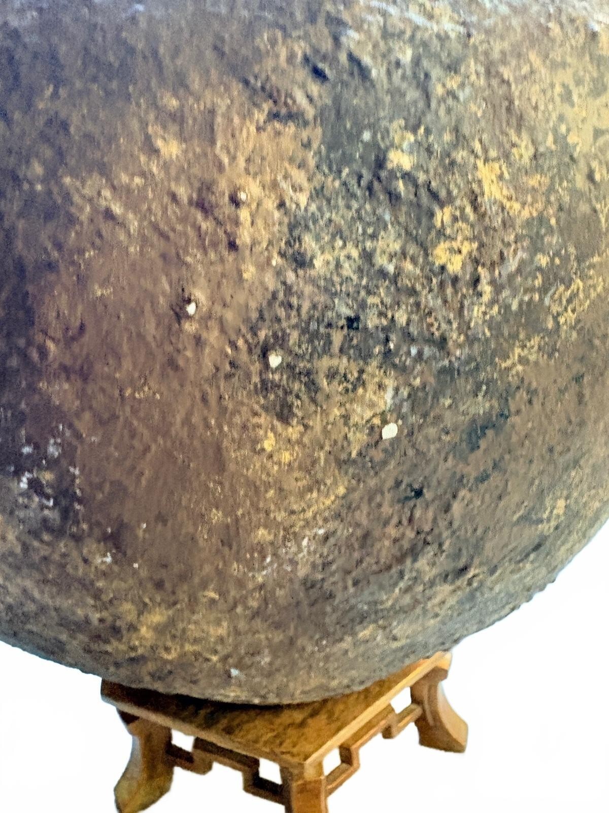 Rustic Asian-Inspired Bronze and Wood Lidded Jar with Stand
