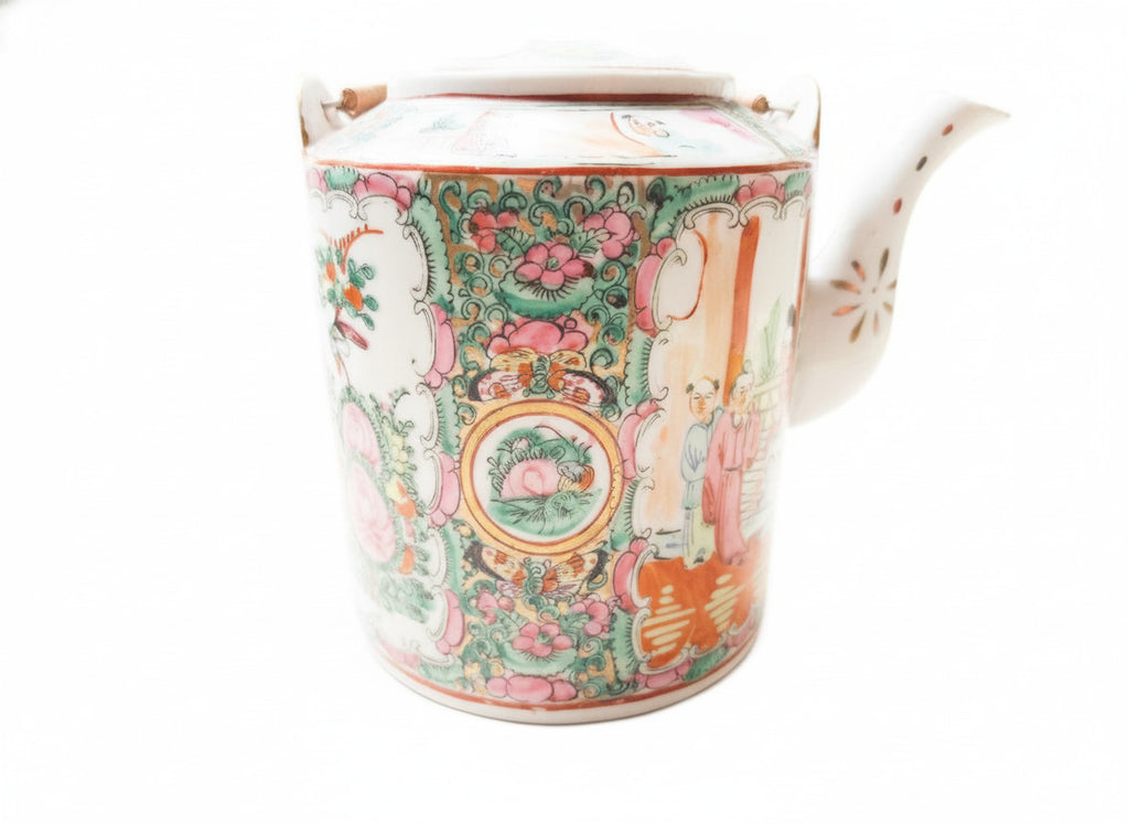 Vintage Chinese Porcelain Teapot with Hand-Painted Floral and Figure Motifs