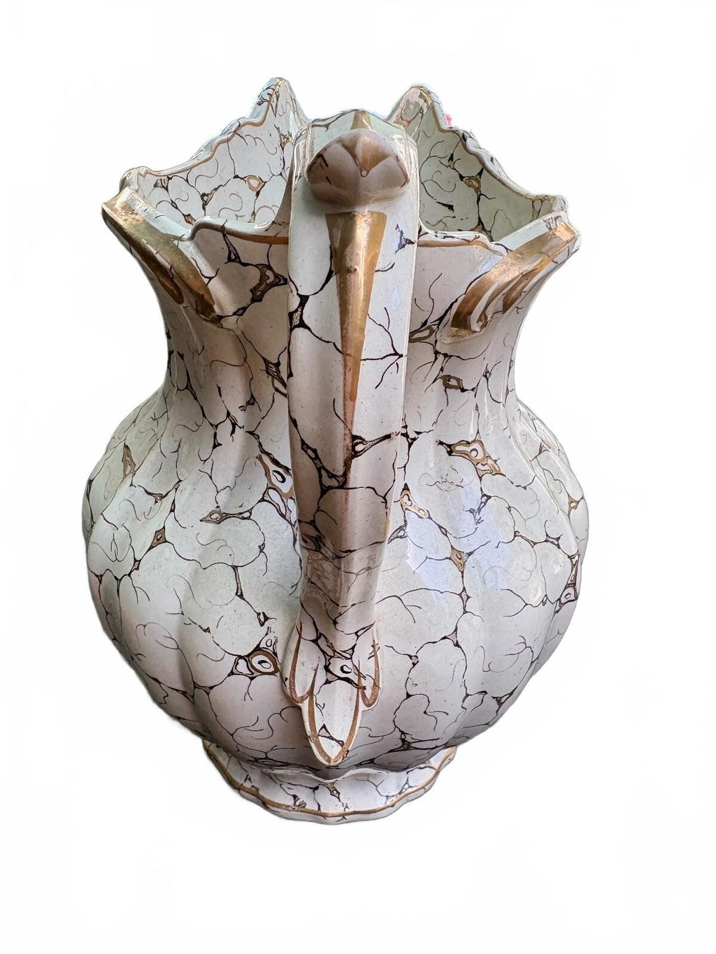 Vintage Italian Majolica Lazuli Ceramic Pitcher with Crackle Glaze Gold Accents