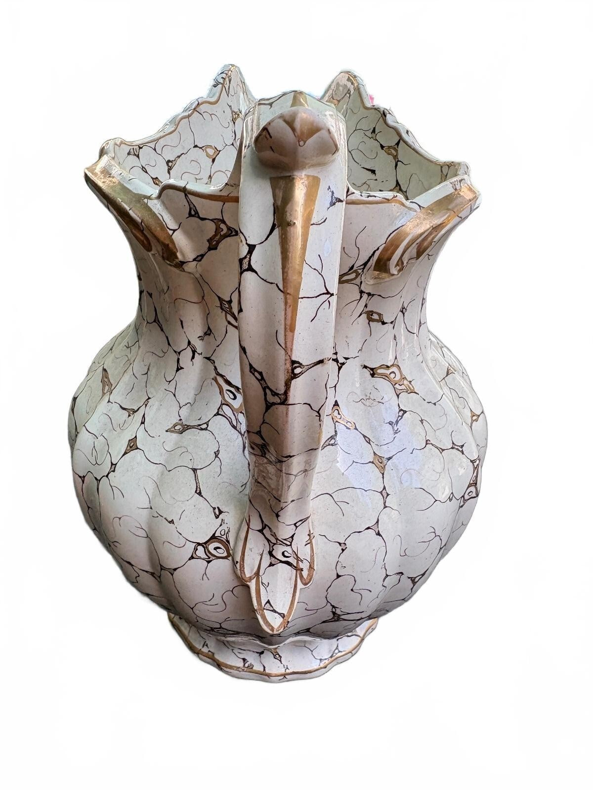 Vintage Italian Majolica Lazuli Ceramic Pitcher with Crackle Glaze Gold Accents