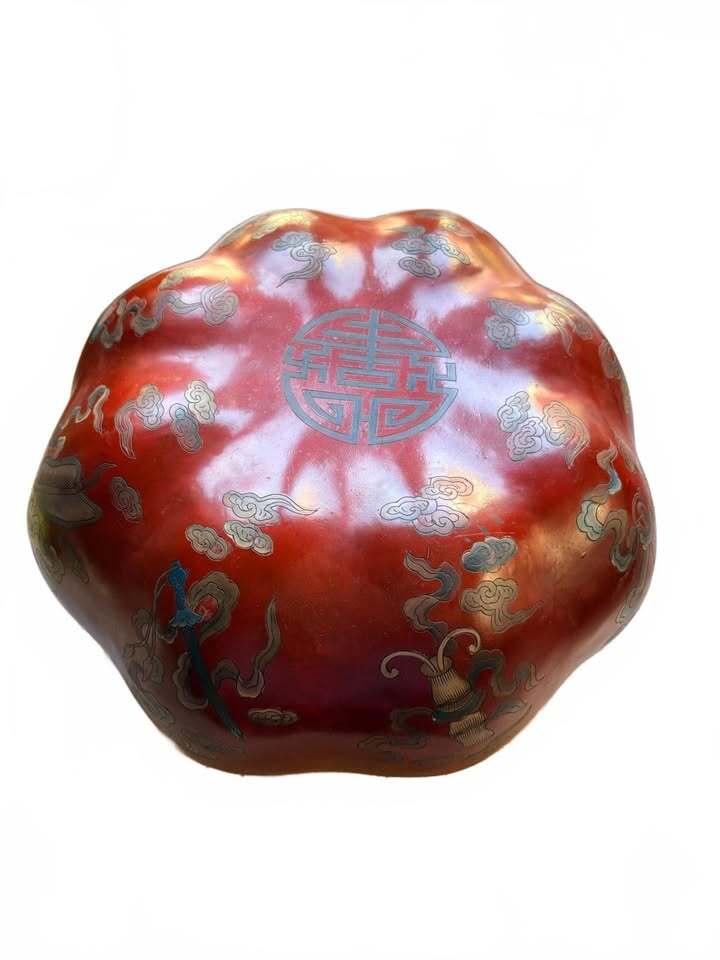 Vintage Asian Red Handpainted Lacquered Decorative Box with Cloud Symbol Motifs