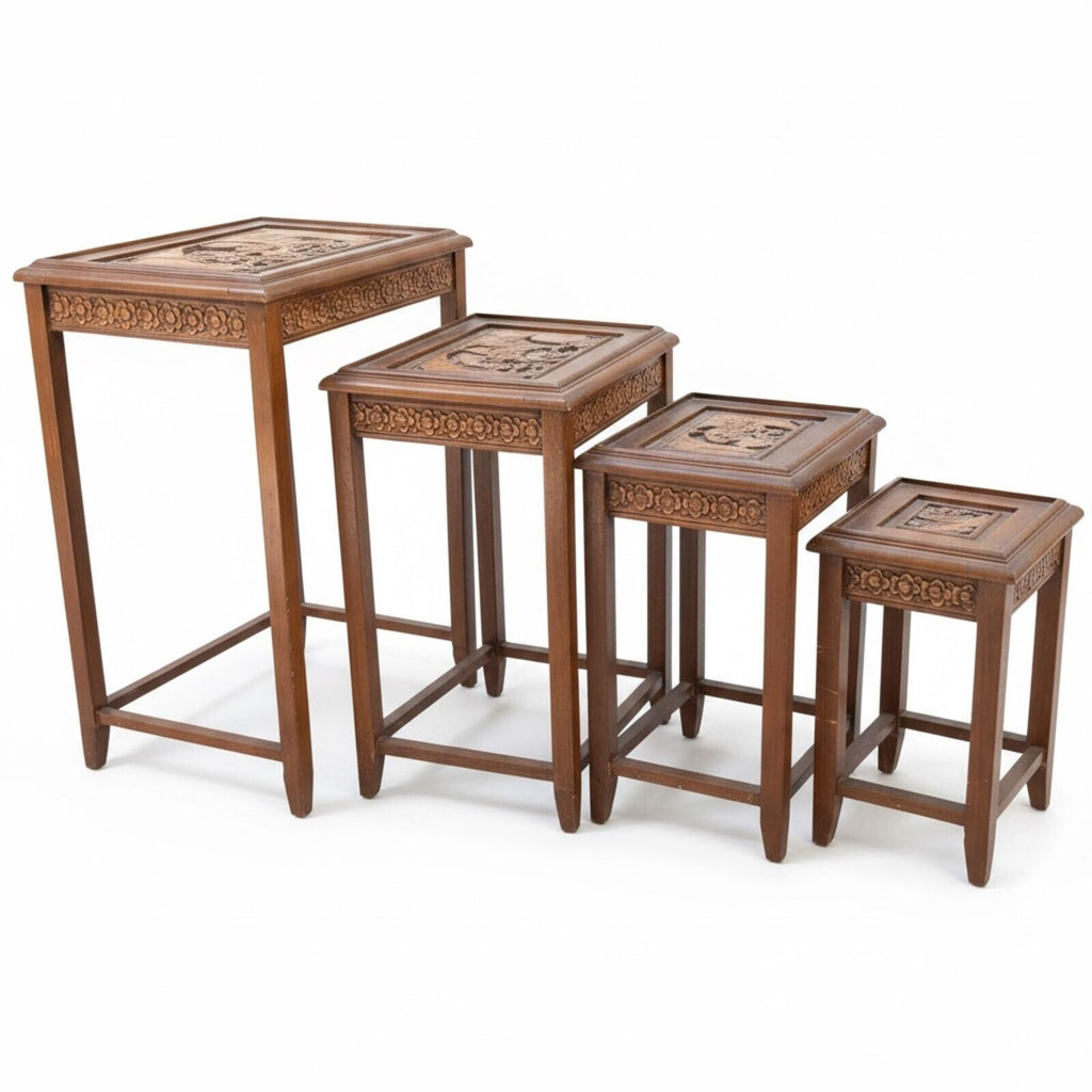 Vintage Hand Carved Chinese Wood Nesting Tables, Set of 4