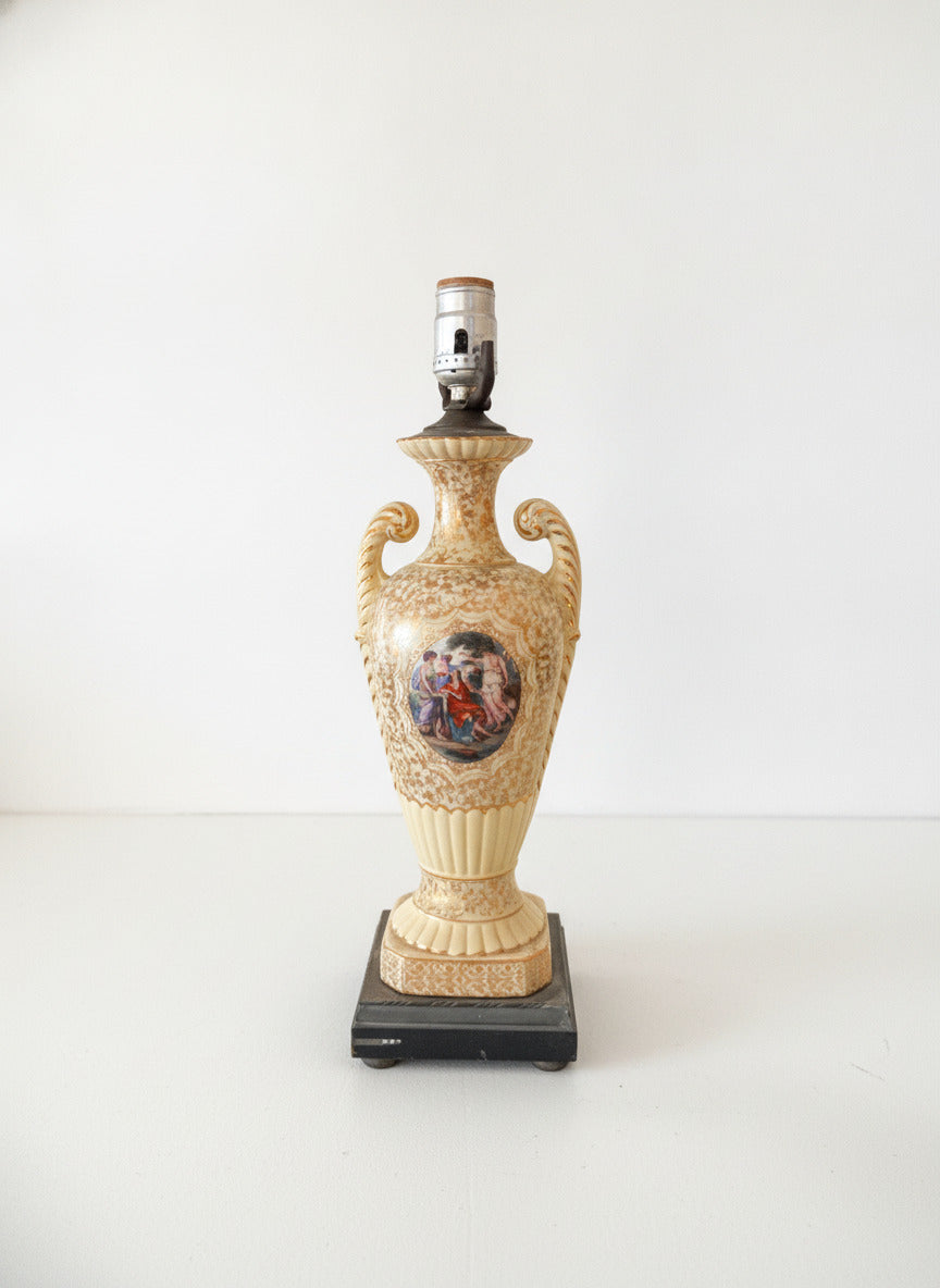 Vintage Ceramic Table Lamp with Classical Painted Scene and Ornate Floral Design