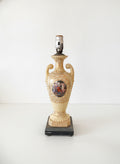 Vintage Ceramic Table Lamp with Classical Painted Scene and Ornate Floral Design