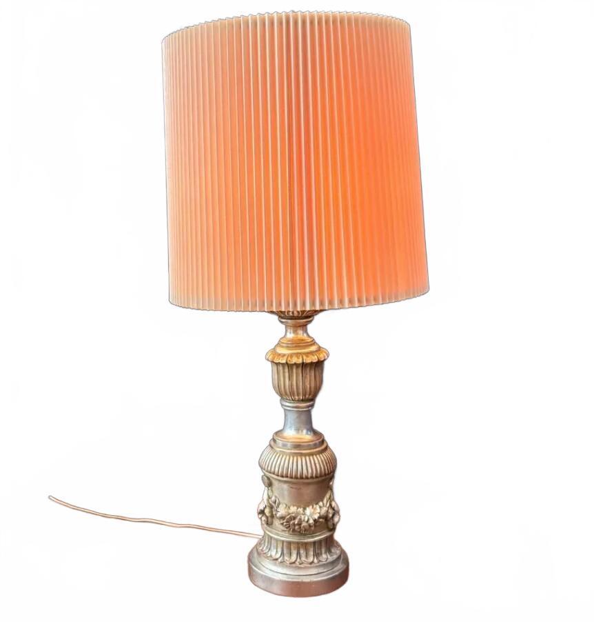Chapman Mfg Co Vintage Table Lamp with Decorative Silver Base and Beige Pleated-