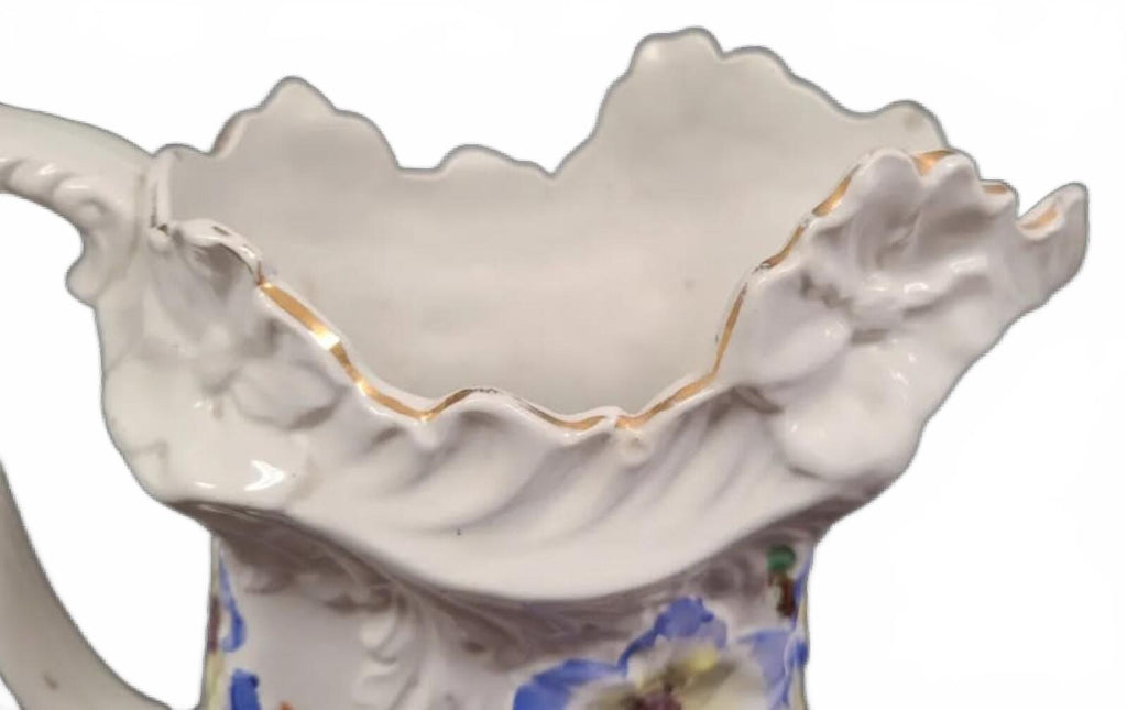 Vintage Ceramic Pitcher with Hand-Painted Floral Design and Scalloped Rim