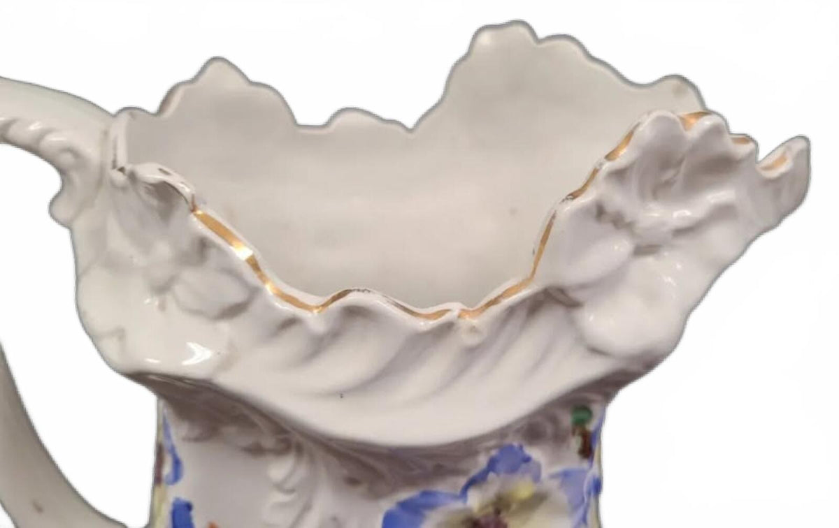 Vintage Ceramic Pitcher with Hand-Painted Floral Design and Scalloped Rim