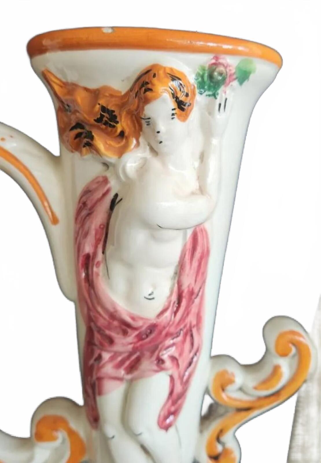 19" Vintage Capodimonte Italian Porcelain Ewer with Hand-Painted Cherubs Figures