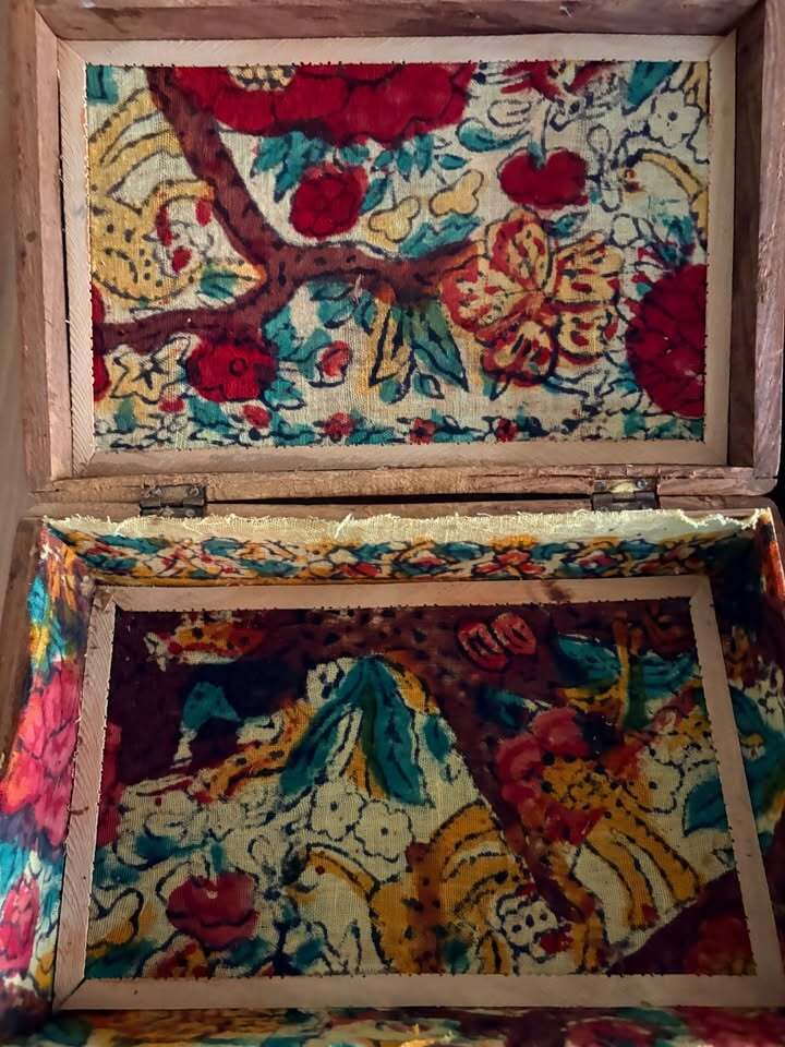 Hand Carved Wooden Decorative Boxes with Floral Inlay and Fabric Lining