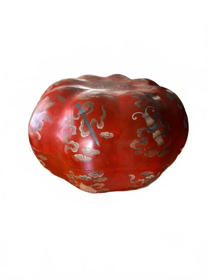 Vintage Asian Red Handpainted Lacquered Decorative Box with Cloud Symbol Motifs