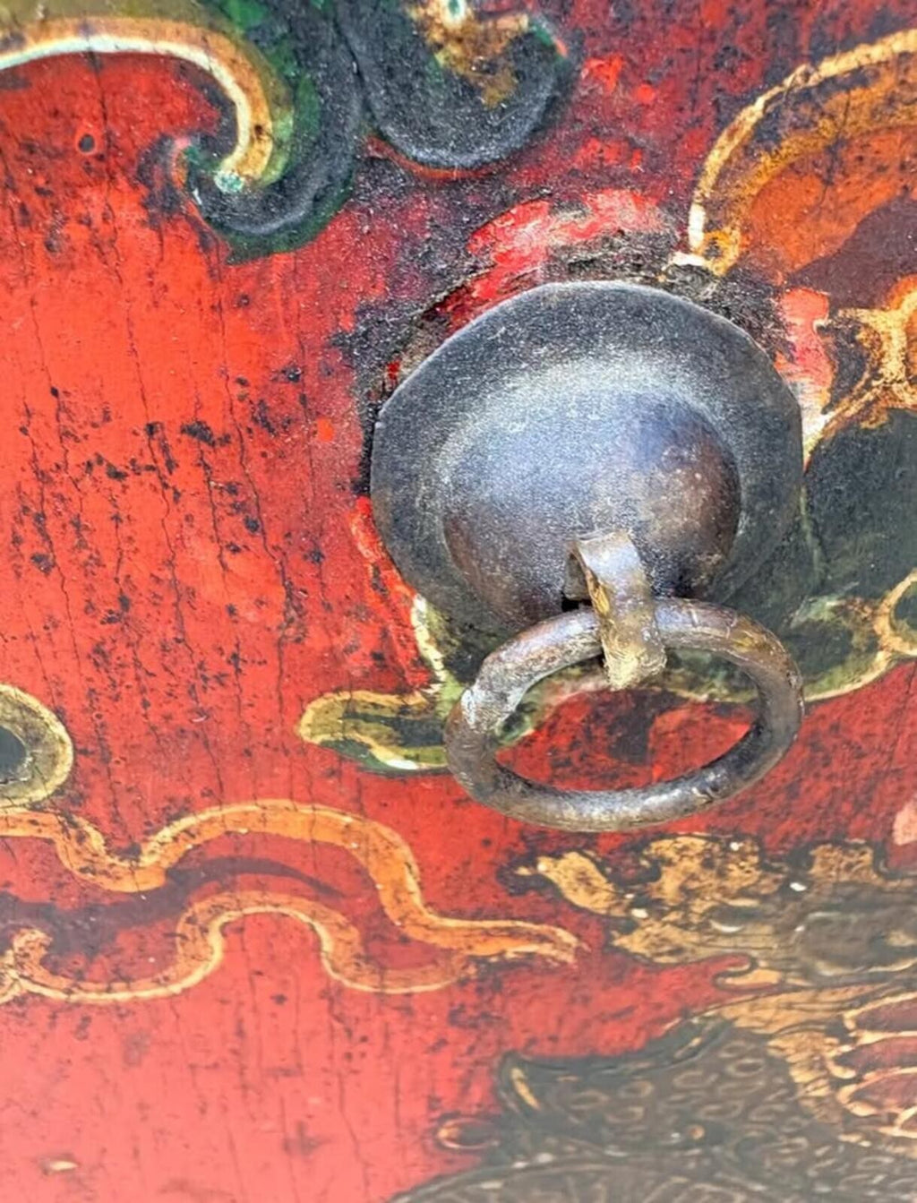 Vintage Hand-Painted Asian Wood Cabinet with Warrior Motif and Red Accents