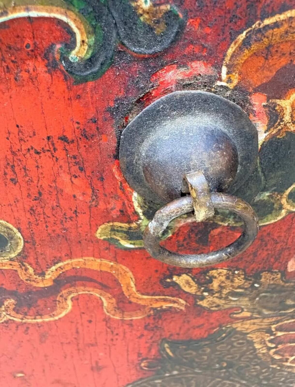 Vintage Hand-Painted Asian Wood Cabinet with Warrior Motif and Red Accents