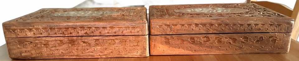 Hand Carved Wooden Decorative Boxes with Floral Inlay and Fabric Lining