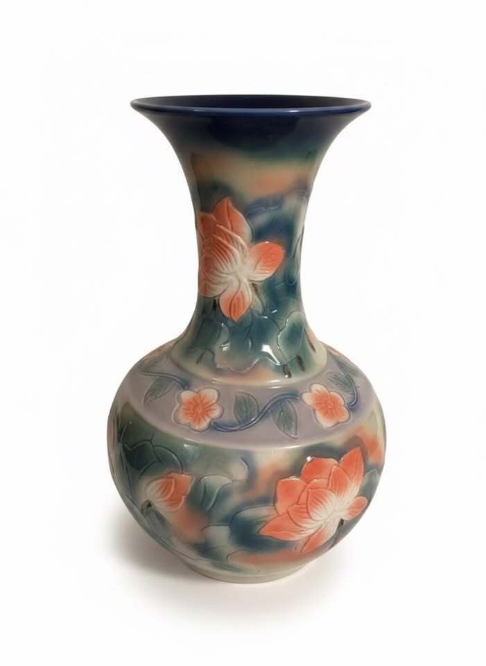 Vintage Ceramic Floral Vase with Blue and Orange Glaze