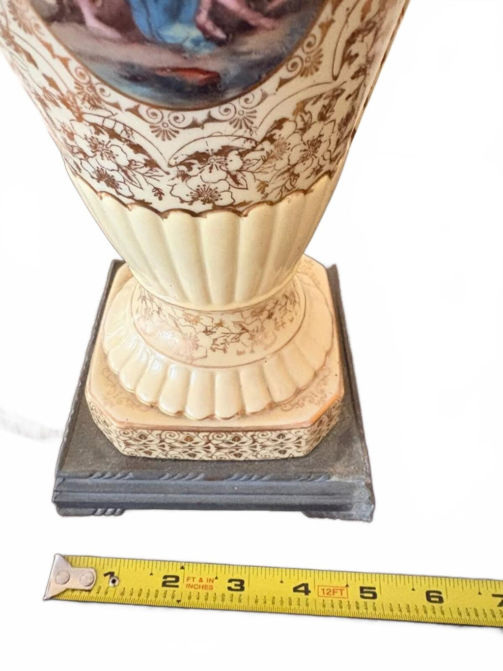 Vintage Ceramic Table Lamp with Classical Painted Scene and Ornate Floral Design
