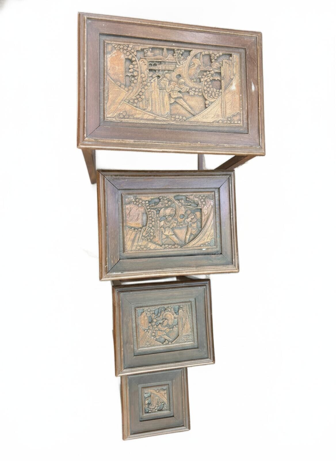 Vintage Hand Carved Chinese Wood Nesting Tables, Set of 4