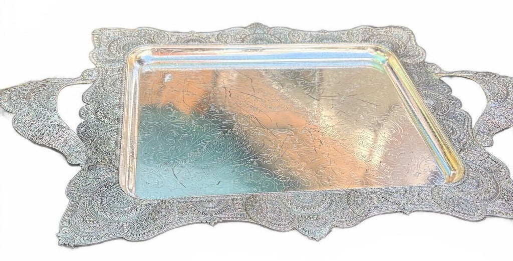 Ornate Silver Plate Footed Serving Tray, Pierced Scalloped Border